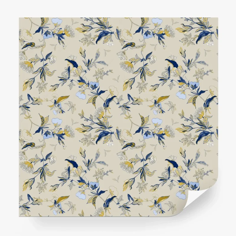 Carta da parati motivo floreale blu su sfondo ocra crema