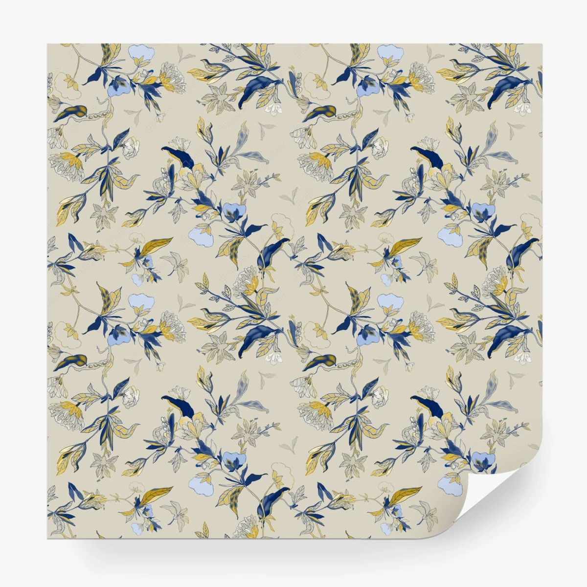 Carta da parati motivo floreale blu su sfondo ocra crema • Wallissimo® Carta da parati motivo floreale blu su sfondo ocra crema • Wallissimo®