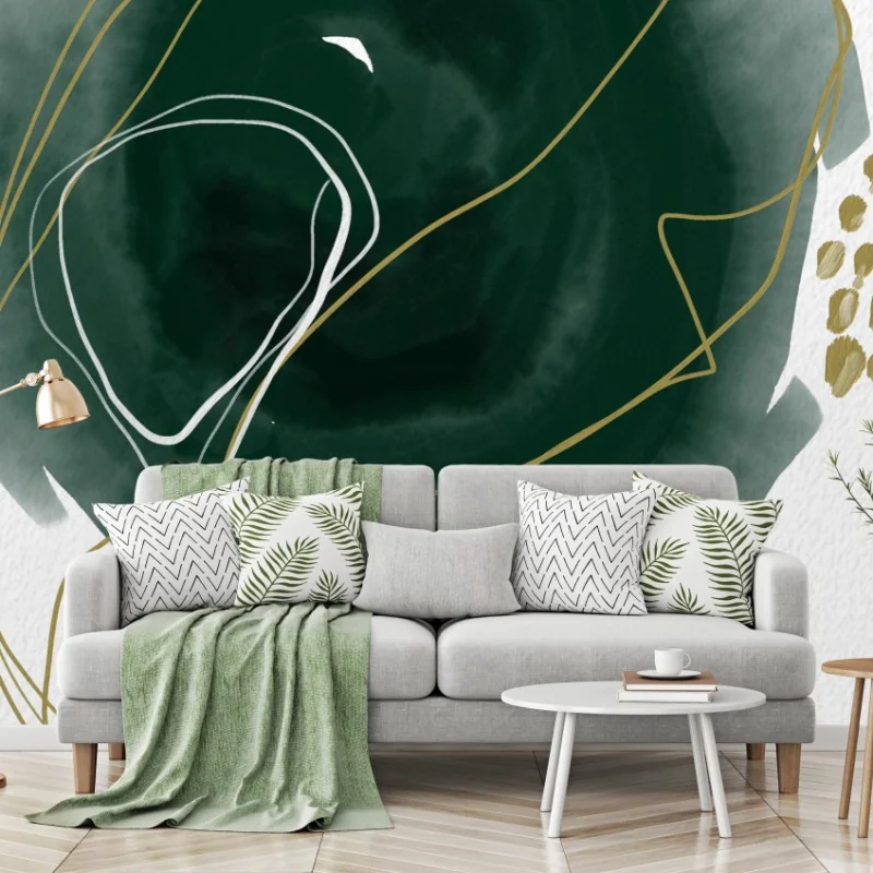 Carta da parati composizione astratta verde e ruggine con dettagli dorati