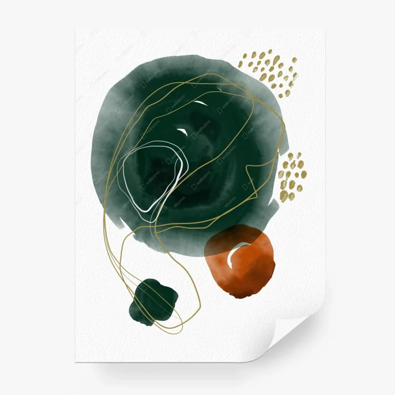 Carta da parati composizione astratta verde e ruggine con dettagli dorati