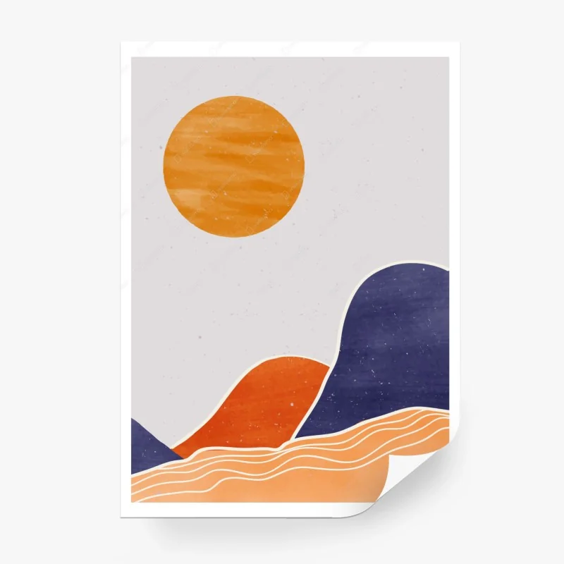 Carta da parati paesaggio astratto minimalista con sole arancione