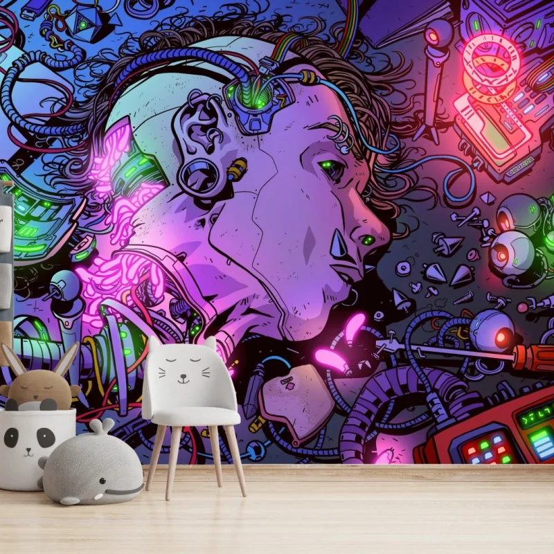 Carta da parati testa robotica tra circuiti e luci al neon