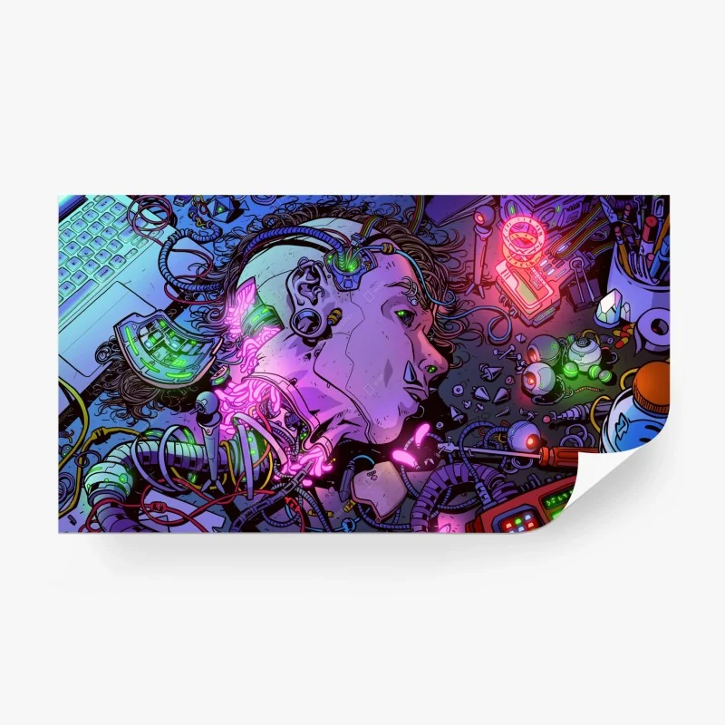 Carta da parati testa robotica tra circuiti e luci al neon