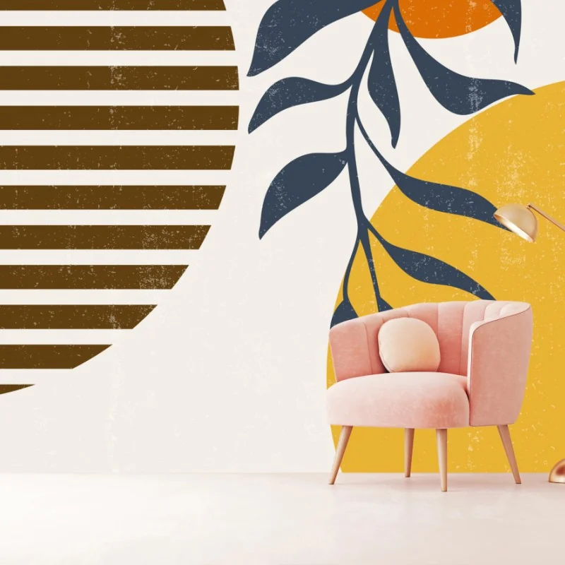 Carta da parati sole e foglie astratte in stile boho