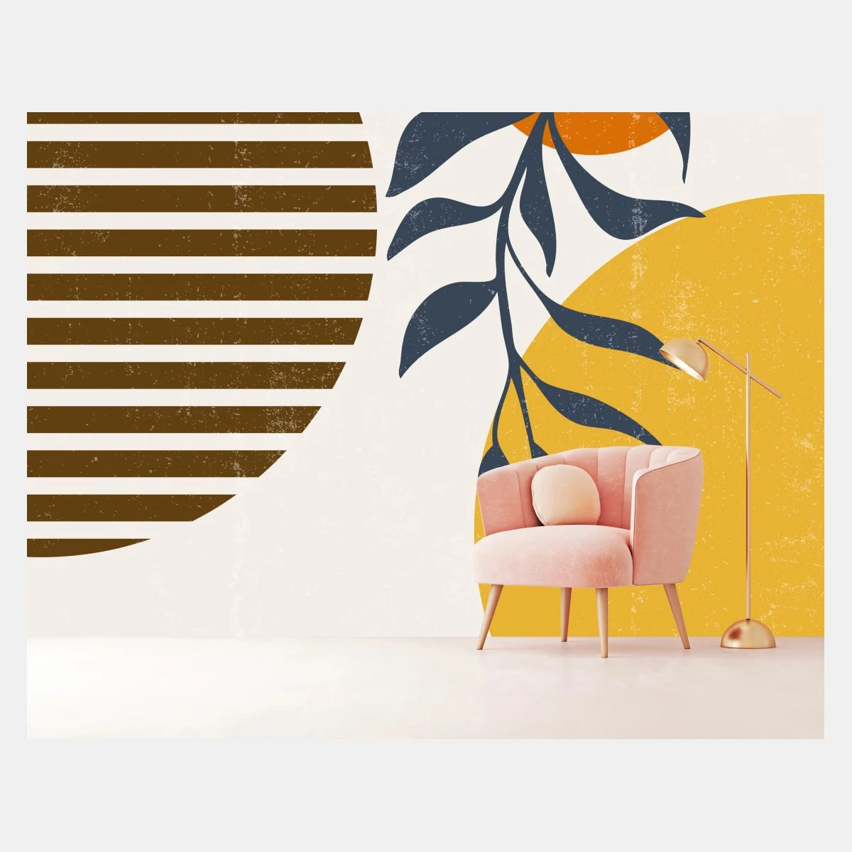 Carta da parati sole e foglie astratte in stile boho • Wallissimo® Carta da parati sole e foglie astratte in stile boho • Wallissimo®