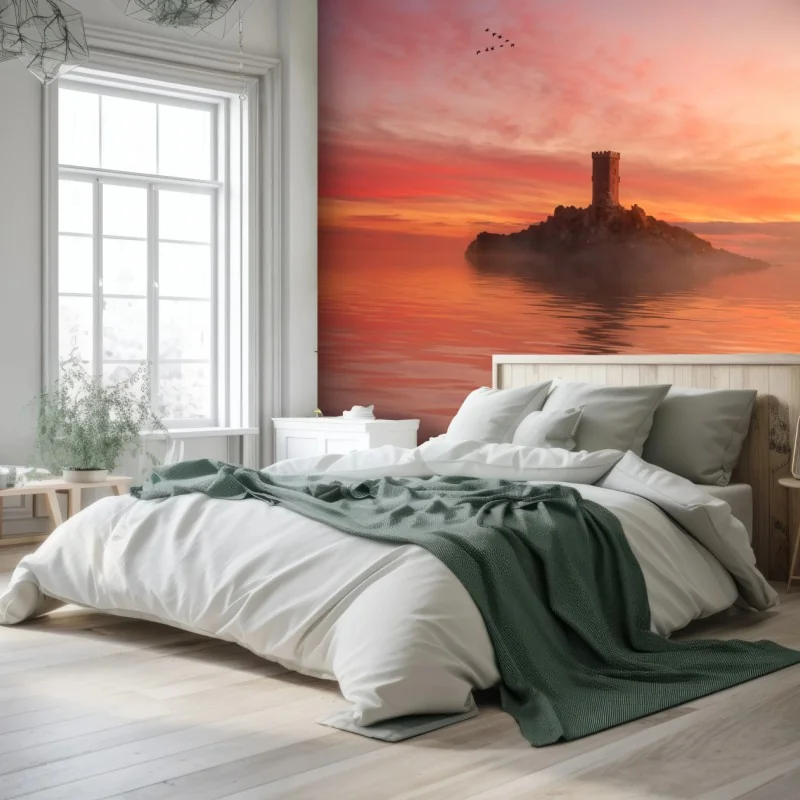 Carta da parati torre solitaria su isola al tramonto