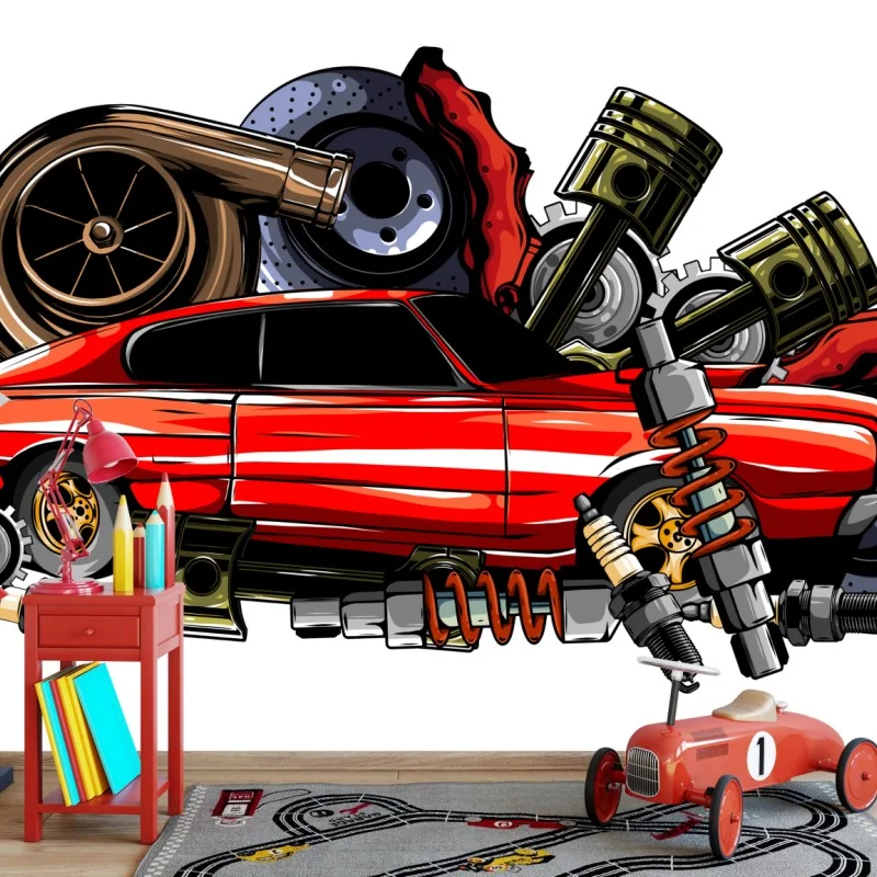 Carta da parati passione meccanica in rosso