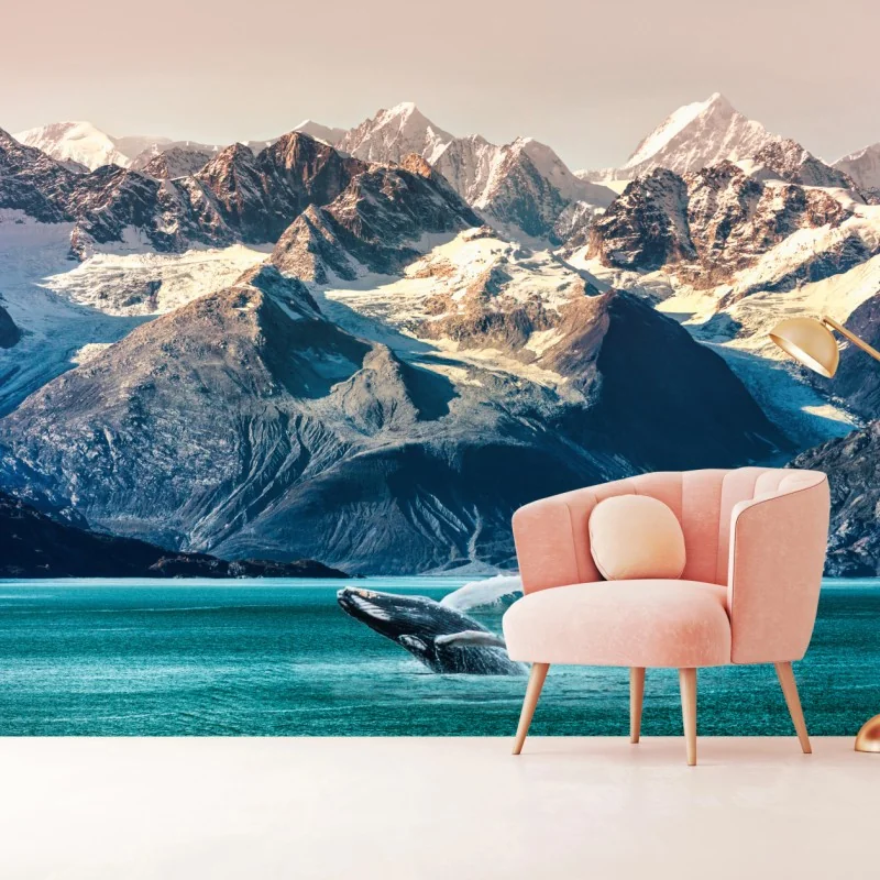 Carta da parati balena che salta tra i ghiacciai
