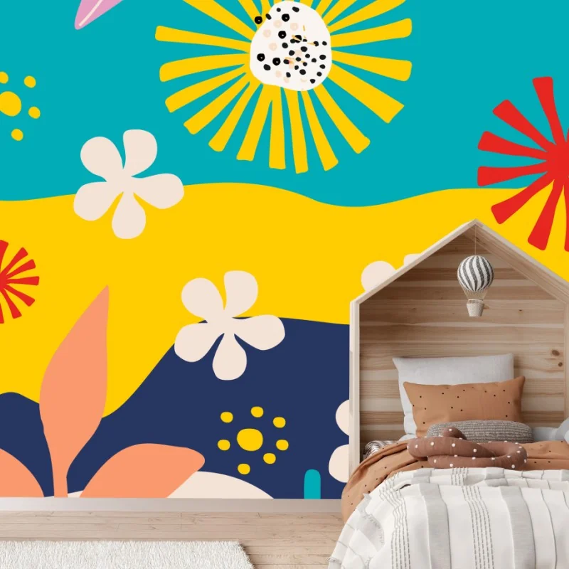 Carta da parati paesaggio floreale astratto dai colori vivaci