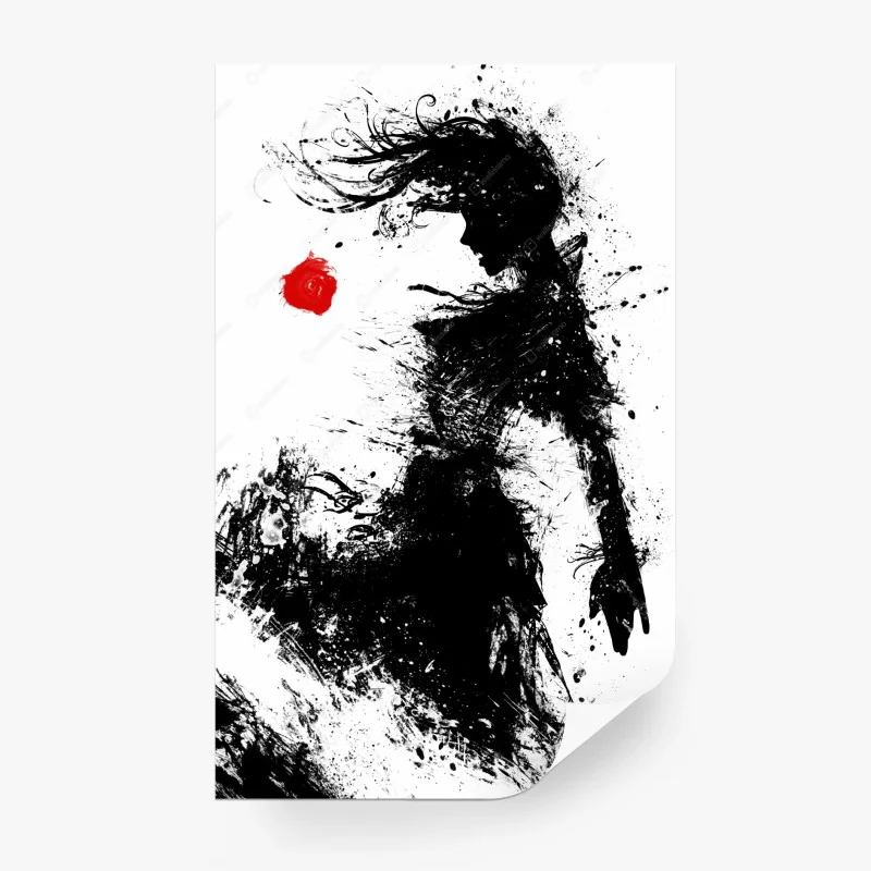 Carta da parati silhouette femminile in inchiostro con rosa rossa