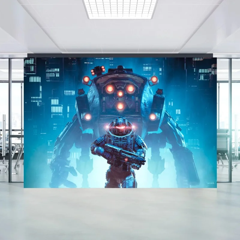 Carta da parati sentinella meccanica nella città al neon