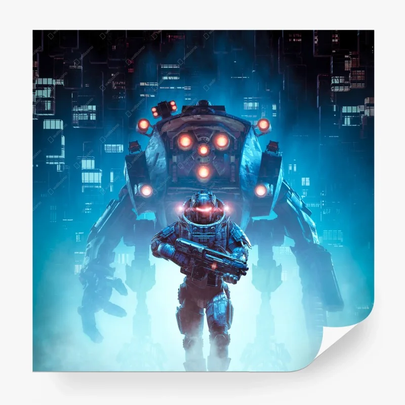 Carta da parati sentinella meccanica nella città al neon