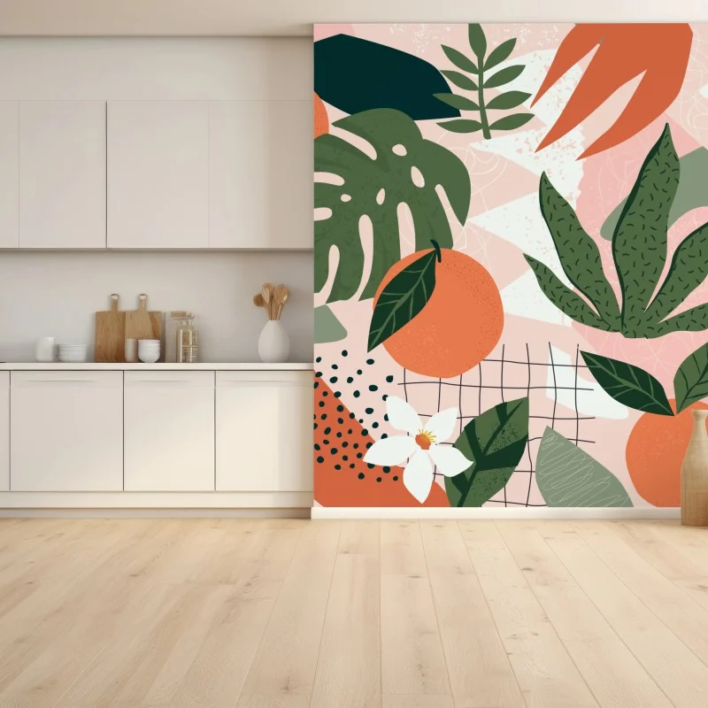 Carta da parati motivo botanico con arance e foglie tropicali