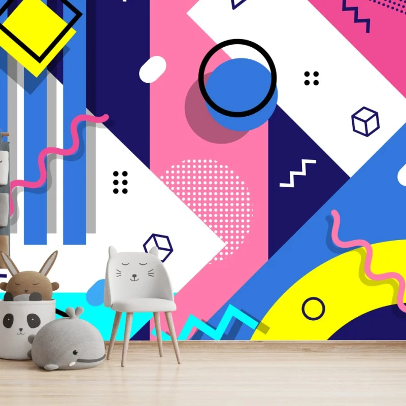 Carta da parati composizione geometrica anni '80 dai colori vivaci