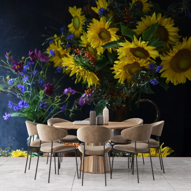 Carta da parati composizione di girasoli e fiori selvatici su sfondo scuro