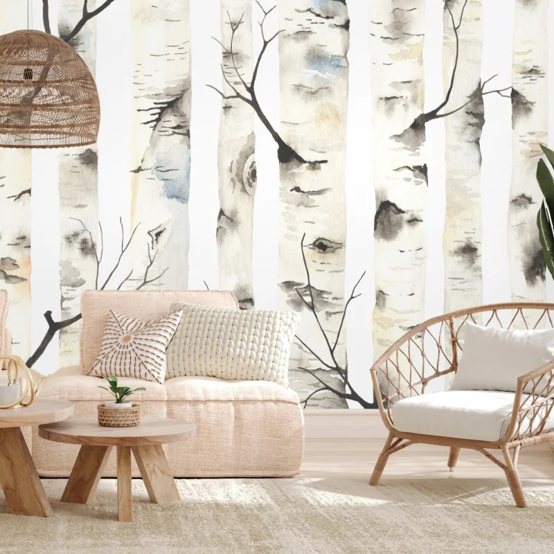 Carta da parati foresta di betulle in acquerello
