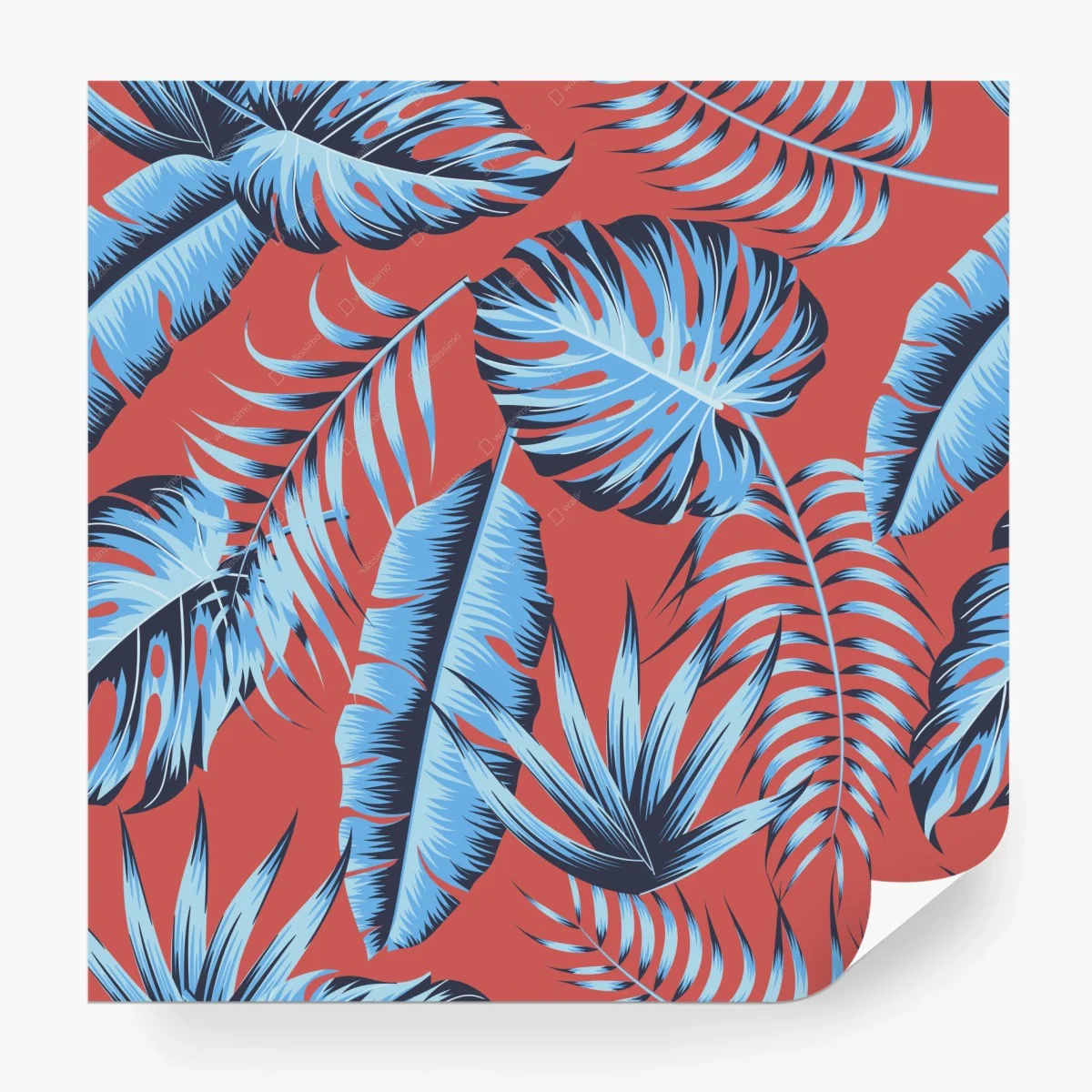 Carta da parati motivo foglie tropicali blu su sfondo corallo • Wallissimo®