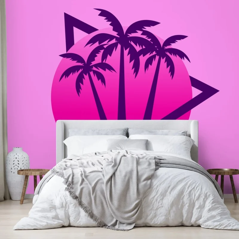 Carta da parati tramonto synthwave con palme in stile retrò