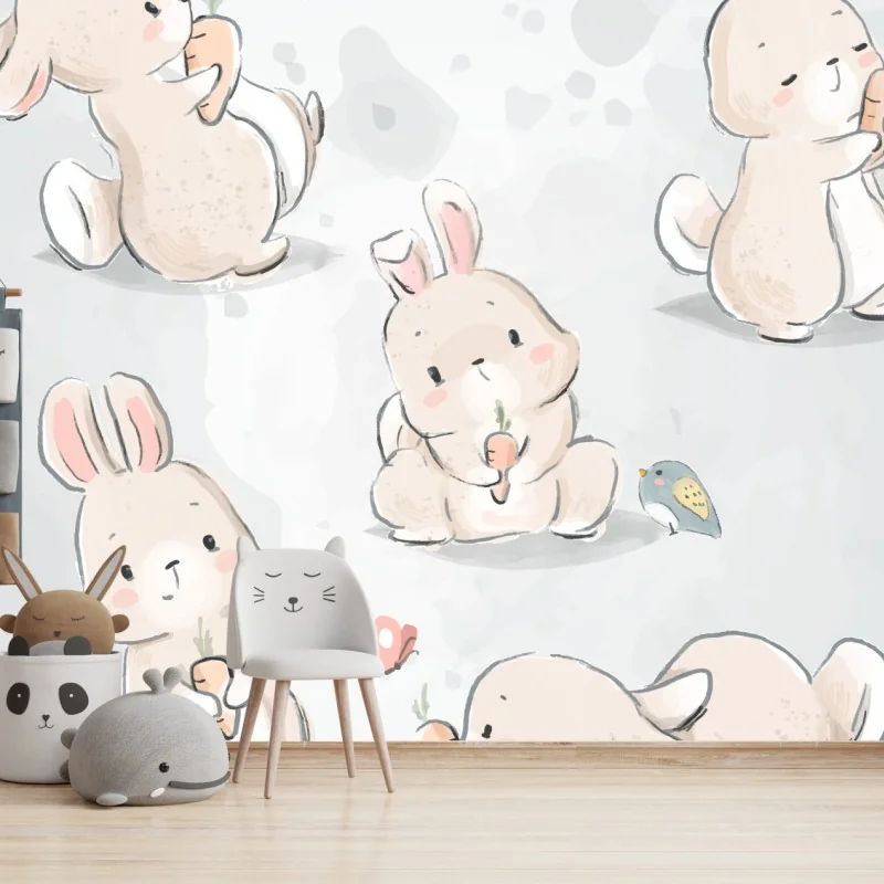 Carta da parati coniglietti pastello con carote e farfalle