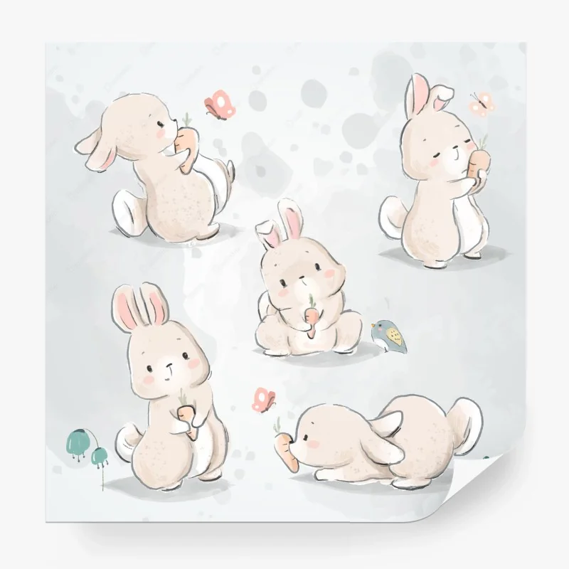 Carta da parati coniglietti pastello con carote e farfalle