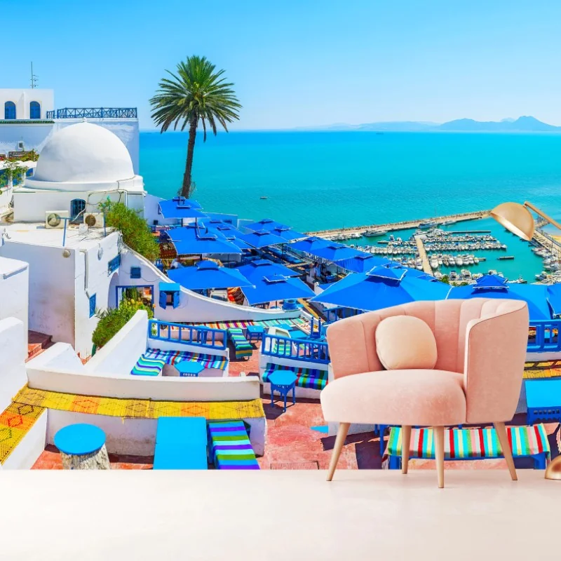 Carta da parati panorama colorato di Sidi Bou Said sul Mediterraneo