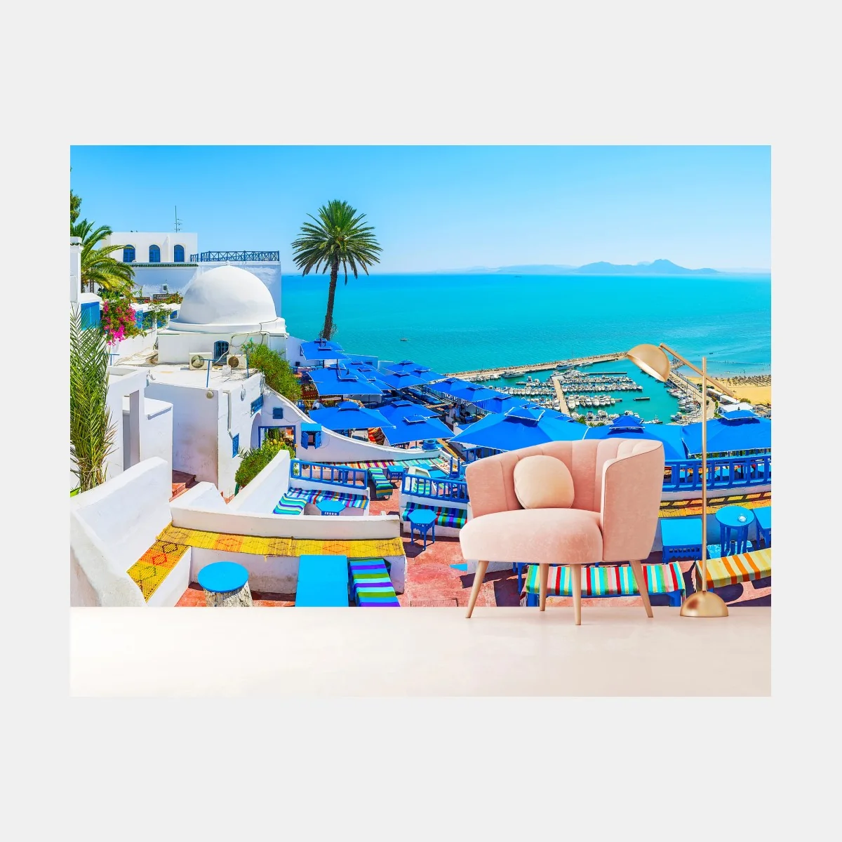 Carta da parati panorama colorato di Sidi Bou Said sul Mediterraneo • Wallissimo® Carta da parati panorama colorato di Sidi Bou Said sul Mediterraneo • Wallissimo®