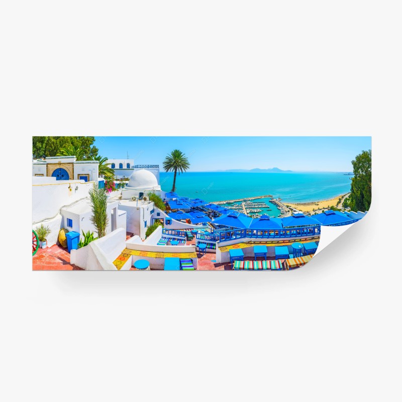 Carta da parati panorama colorato di Sidi Bou Said sul Mediterraneo