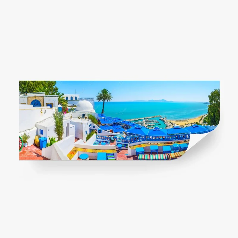 Carta da parati panorama colorato di Sidi Bou Said sul Mediterraneo