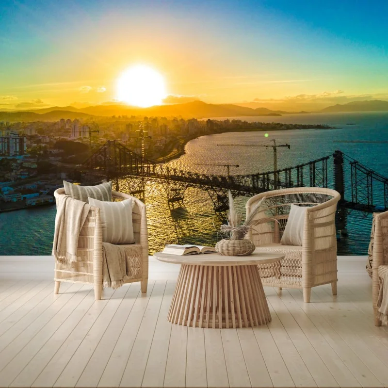 Carta da parati tramonto dorato sul ponte e la città