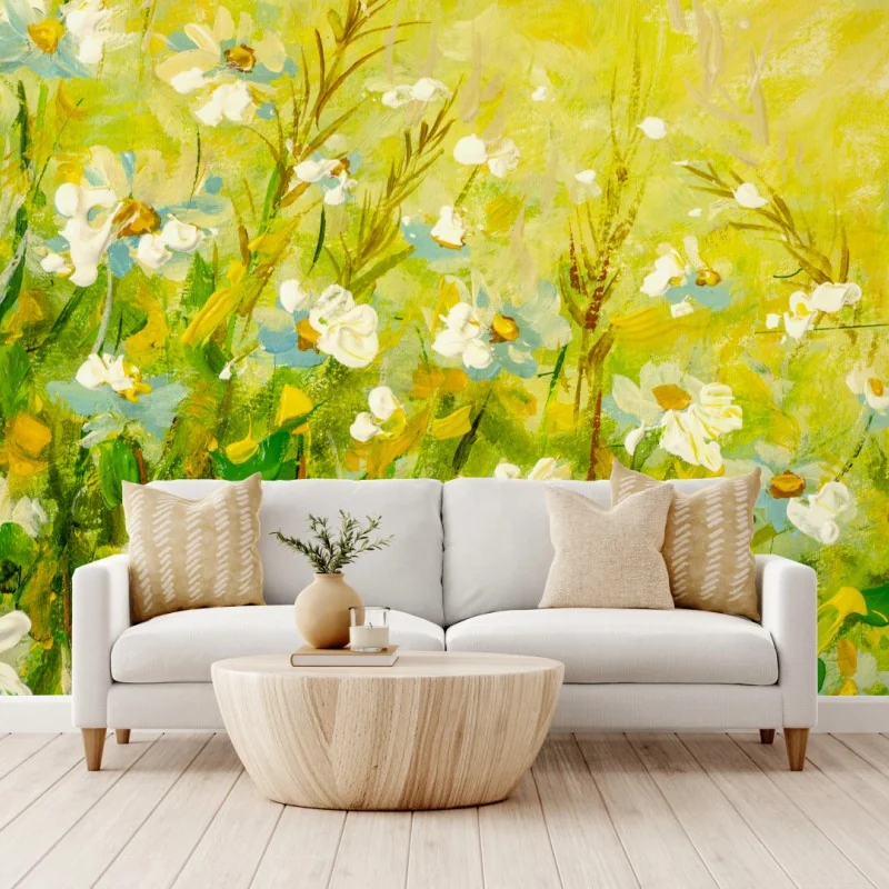 Carta da parati margherite estive su sfondo giallo