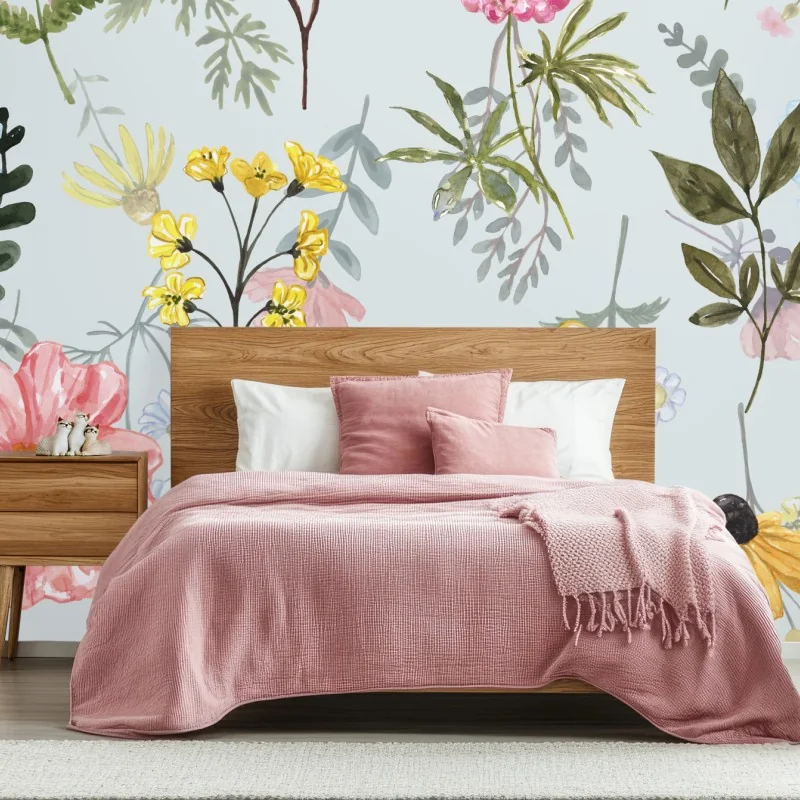 Carta da parati motivo floreale acquerellato in stile botanico