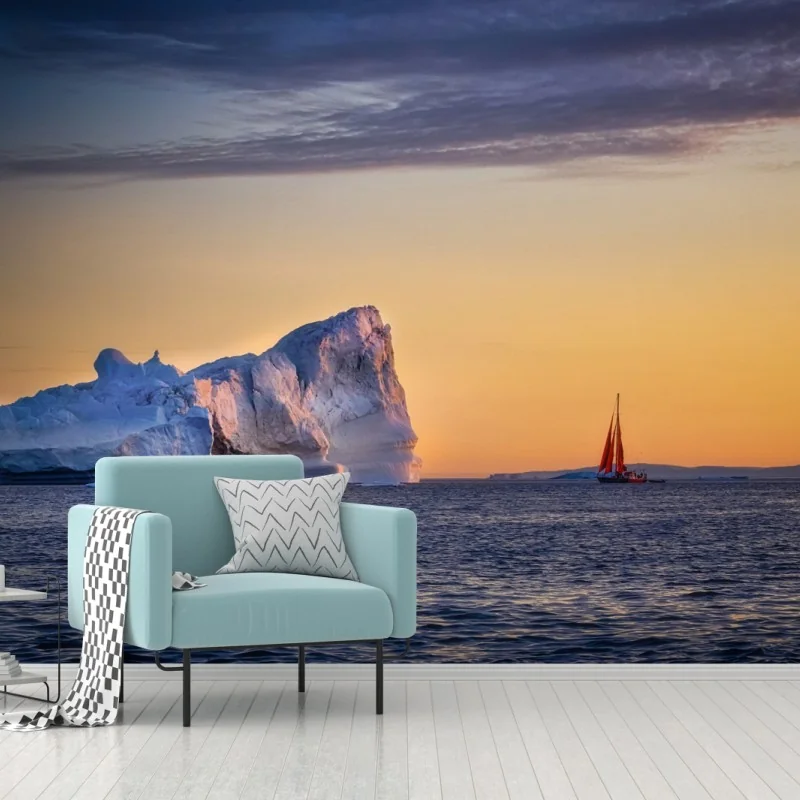 Carta da parati tramonto artico con iceberg e vela rossa