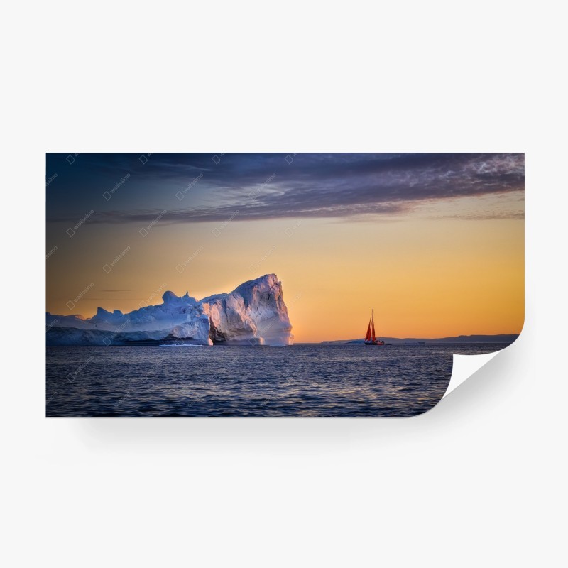 Carta da parati tramonto artico con iceberg e vela rossa