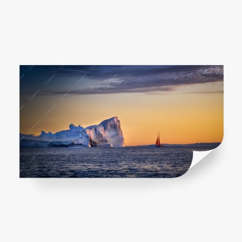 Carta da parati tramonto artico con iceberg e vela rossa