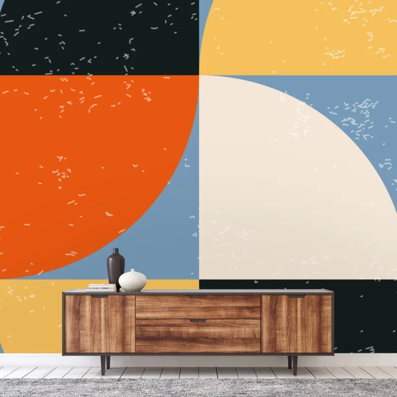 Carta da parati composizione geometrica mid-century dai colori caldi