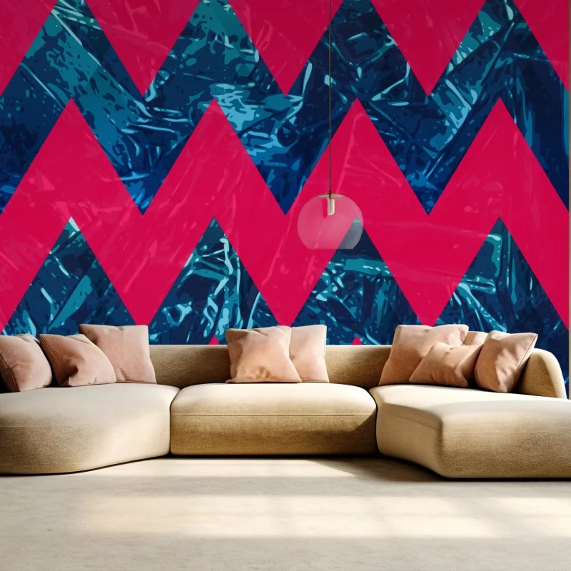 Carta da parati motivo zigzag rosa e blu con effetto laminato