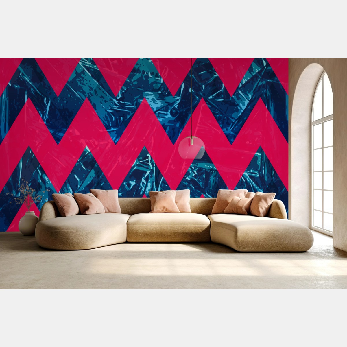 Carta da parati motivo zigzag rosa e blu con effetto laminato • Wallissimo® Carta da parati motivo zigzag rosa e blu con effetto laminato • Wallissimo®