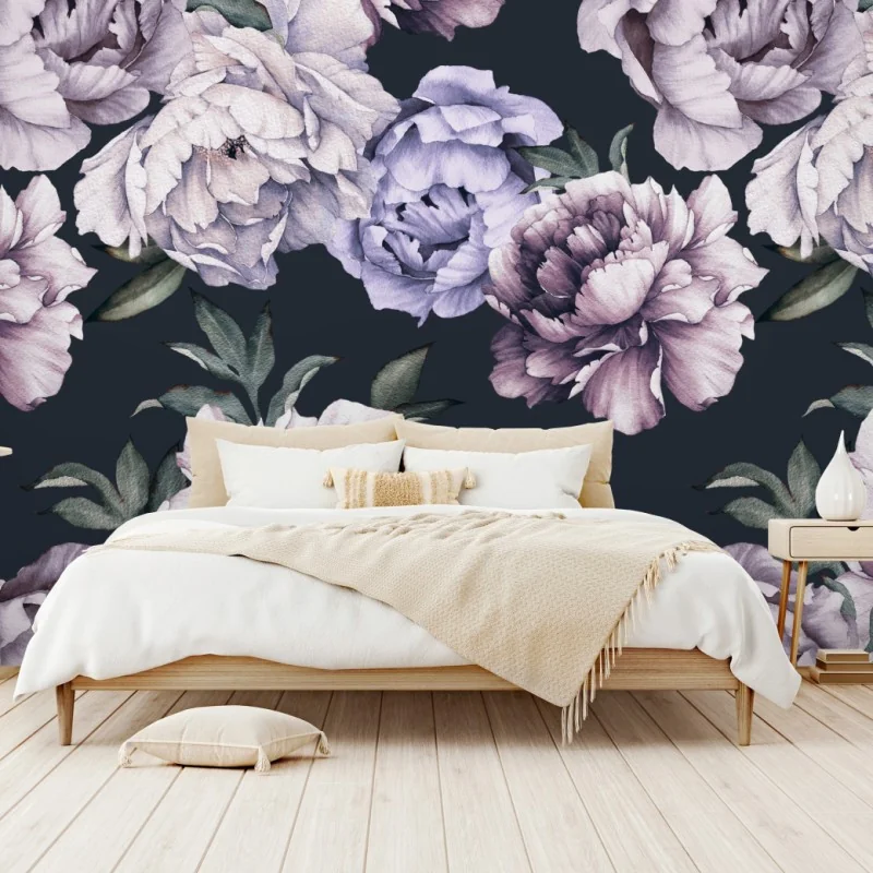 Carta da parati motivo di peonie acquerello su sfondo scuro