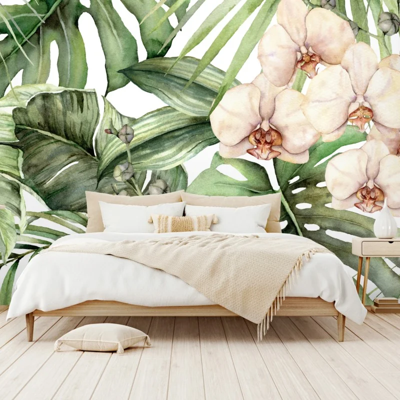 Carta da parati eleganza botanica: orchidee e foglie tropicali