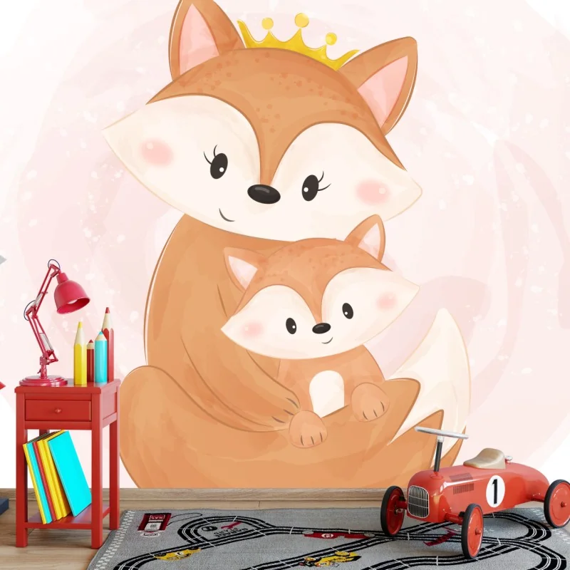 Carta da parati abbraccio tenero di volpi con corona