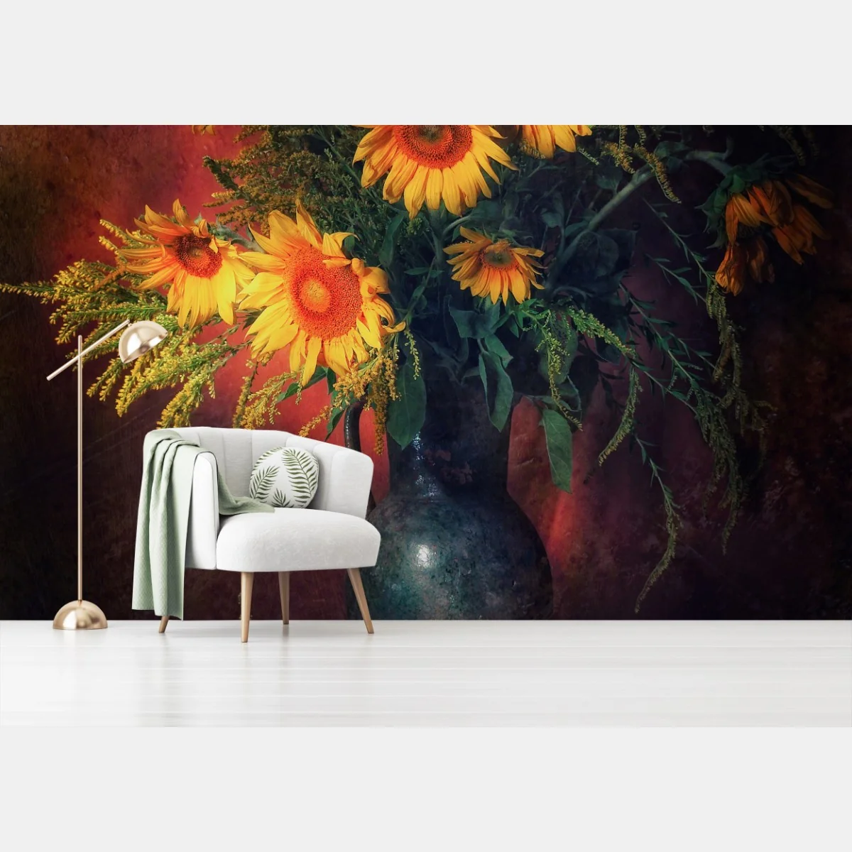 Carta da parati bouquet di girasoli in vaso antico • Wallissimo® Carta da parati bouquet di girasoli in vaso antico • Wallissimo®
