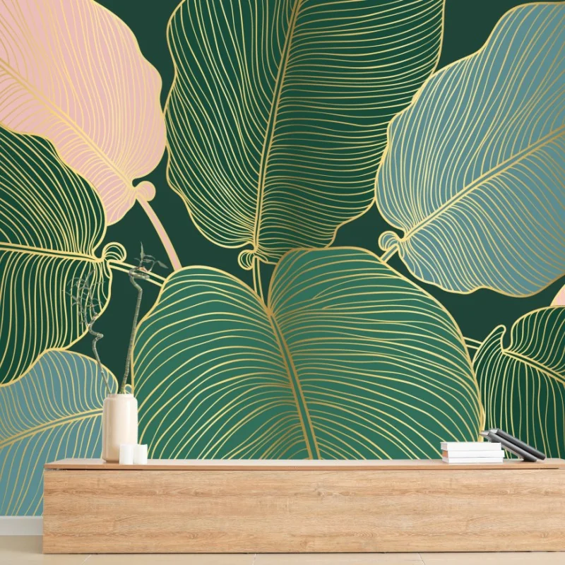 Carta da parati motivo botanico dorato su sfondo verde