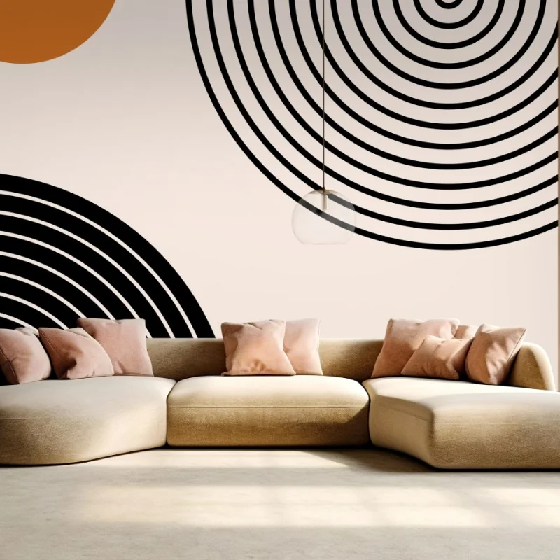 Carta da parati composizione geometrica minimalista arancio e nero
