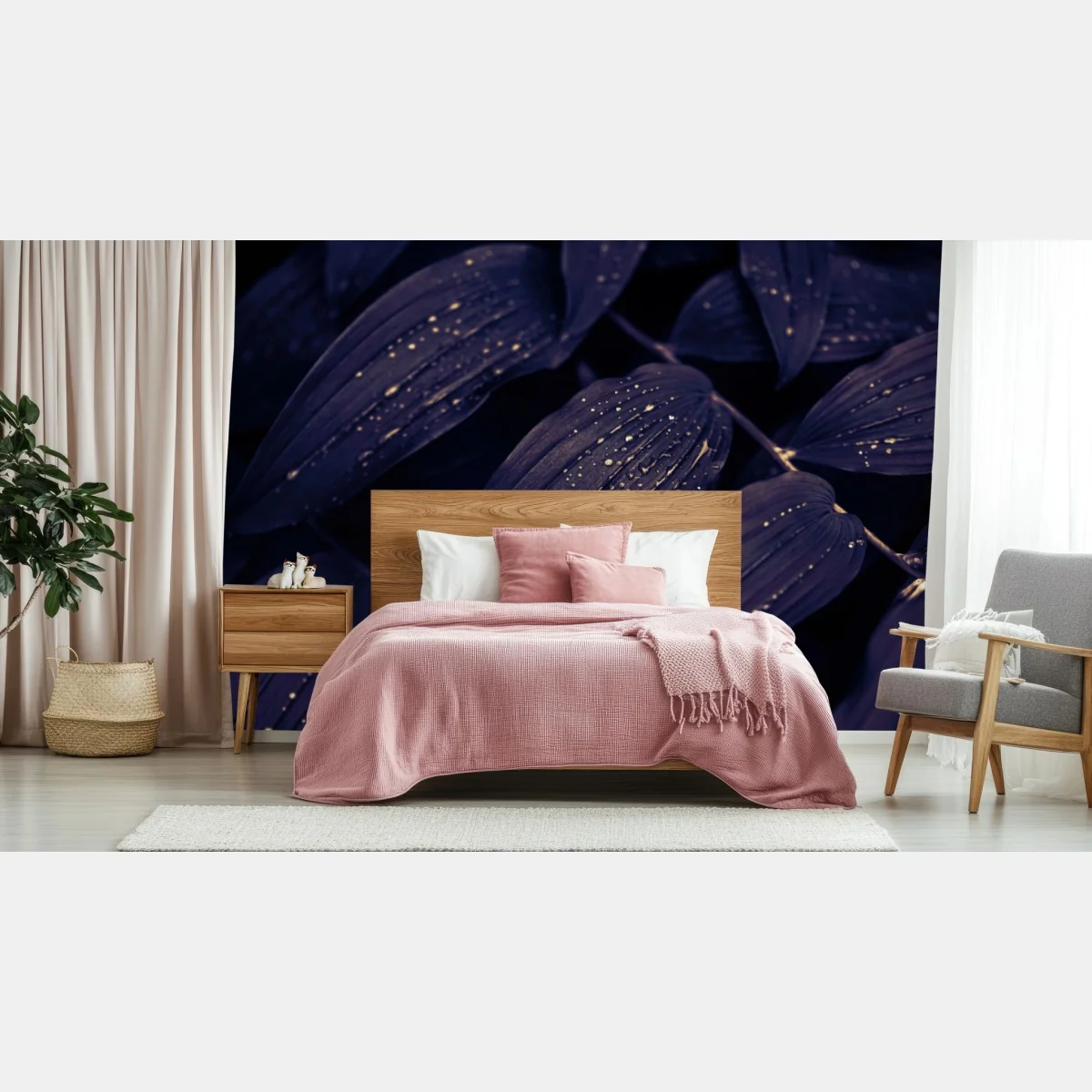 Carta da parati foglie notturne con gocce dorate • Wallissimo® Carta da parati foglie notturne con gocce dorate • Wallissimo®