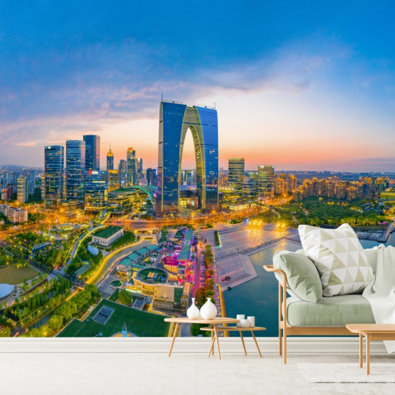 Carta da parati orizzonte urbano di Suzhou al crepuscolo