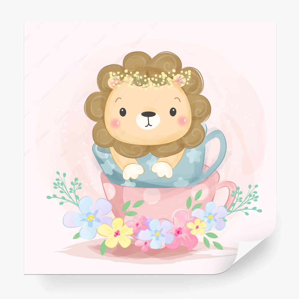 Carta da parati cucciolo di leone tra tazze e fiori pastello • Wallissimo® Carta da parati cucciolo di leone tra tazze e fiori pastello • Wallissimo®