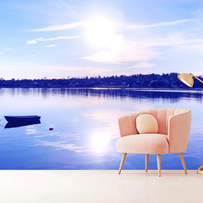 Carta da parati serenità sul lago con barca solitaria