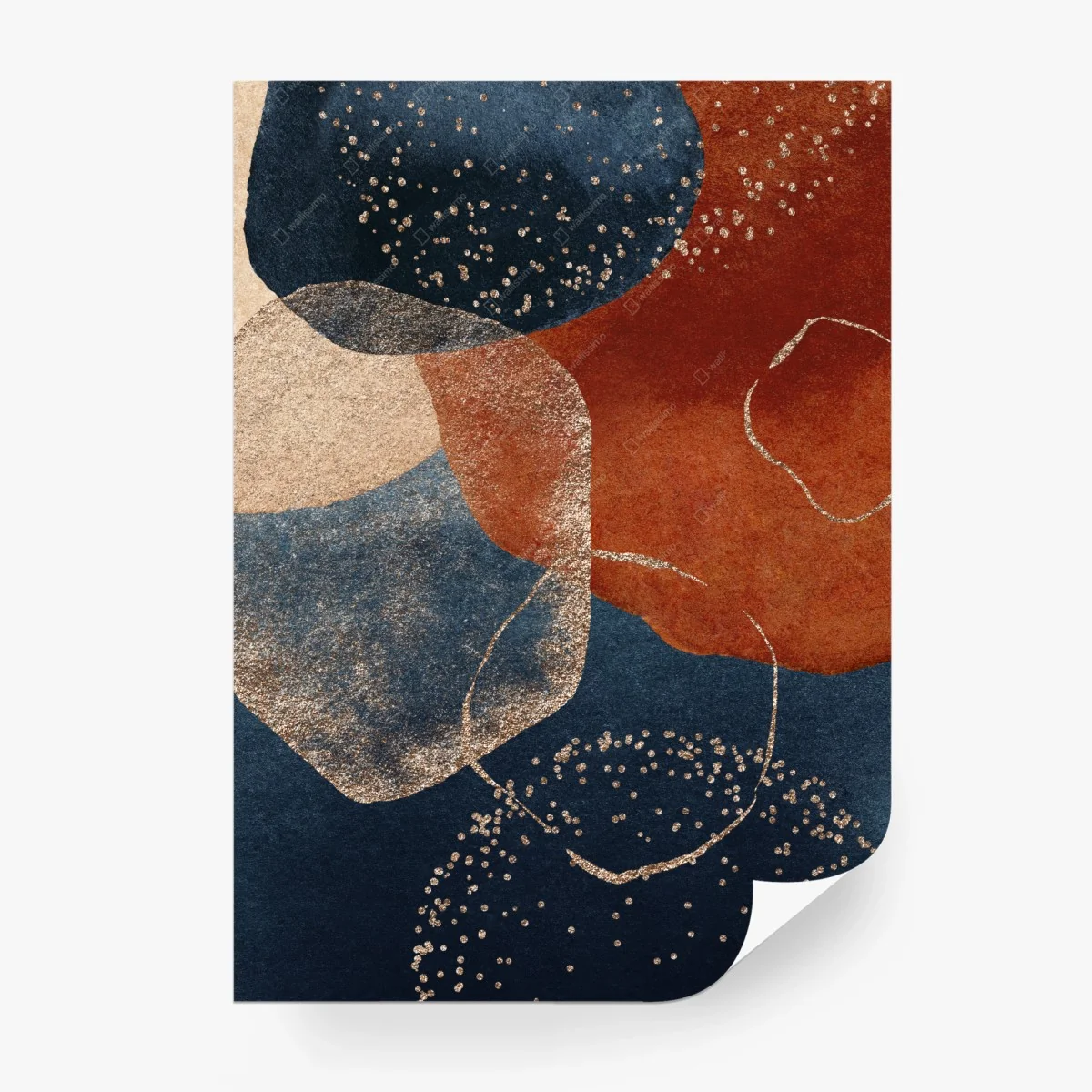 Carta da parati forme organiche blu e ruggine con dettagli dorati • Wallissimo® Carta da parati forme organiche blu e ruggine con dettagli dorati • Wallissimo®