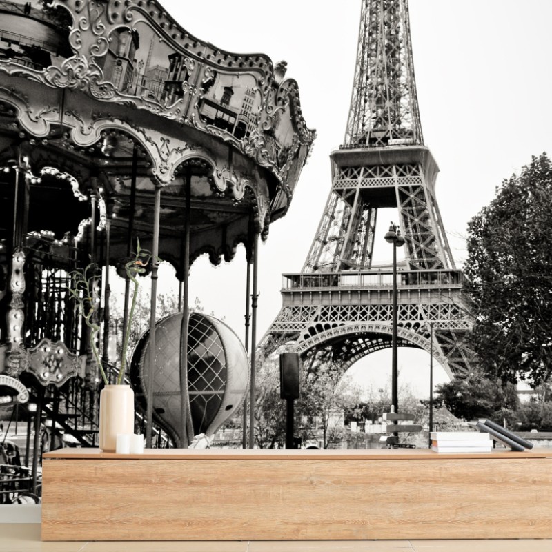 Carta da parati magica vista di Parigi con la Torre Eiffel e giostra d'epoca