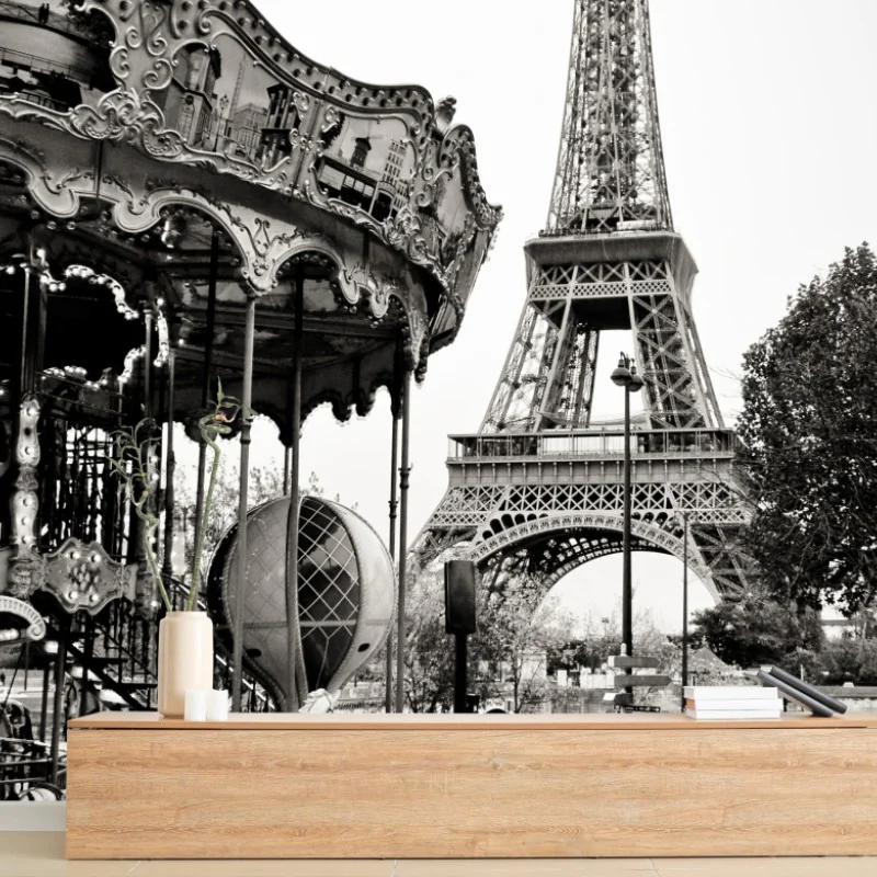 Carta da parati magica vista di Parigi con la Torre Eiffel e giostra d'epoca